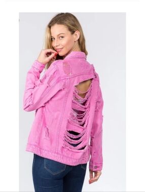 American Bazi Pink Destroyed Denim Jacket L Heavy Distressed Cut Out Back